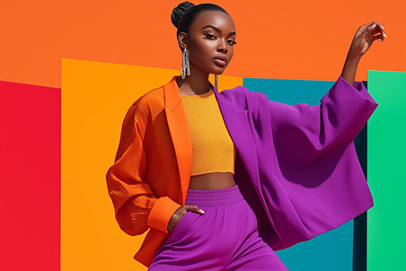 Stylishly Dressed Woman Against Vibrant Background